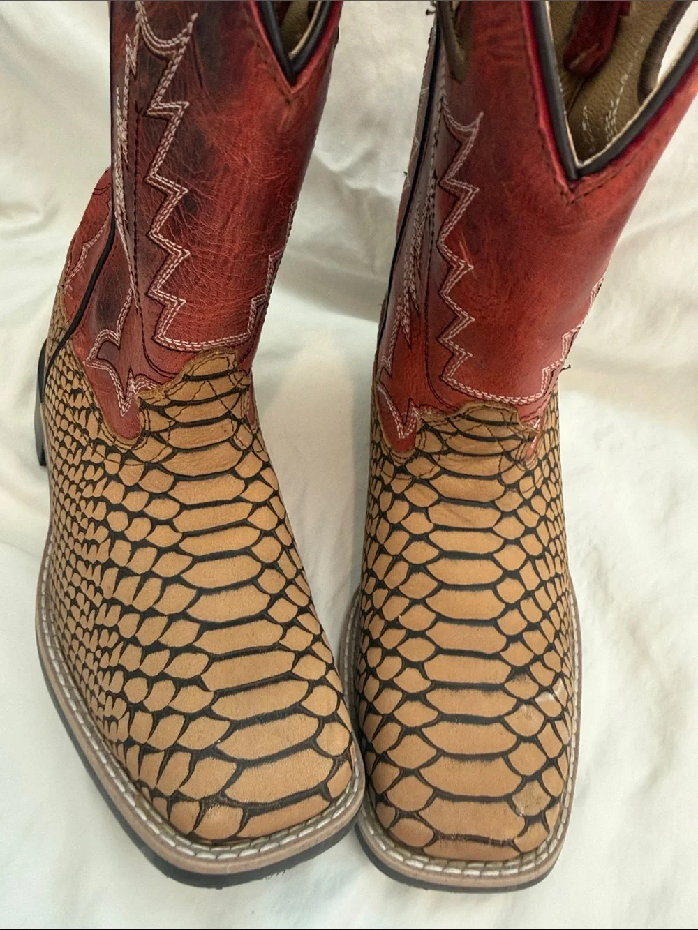 Kids Pull-On Western Boots in Red and Brown with Textured snakeskin like base